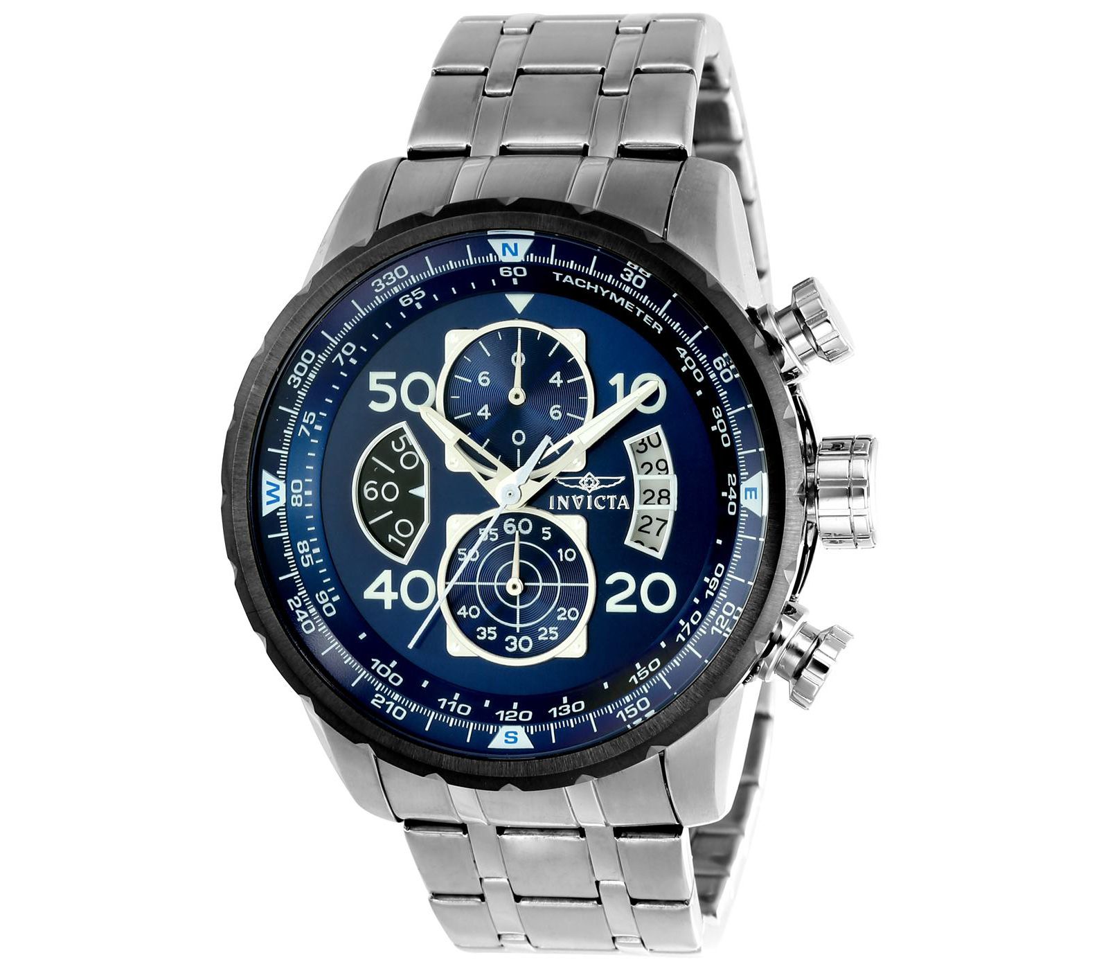 Invicta Men's Aviator Quartz Multifunction Blue Dial Stainless Steel Bracelet Watch