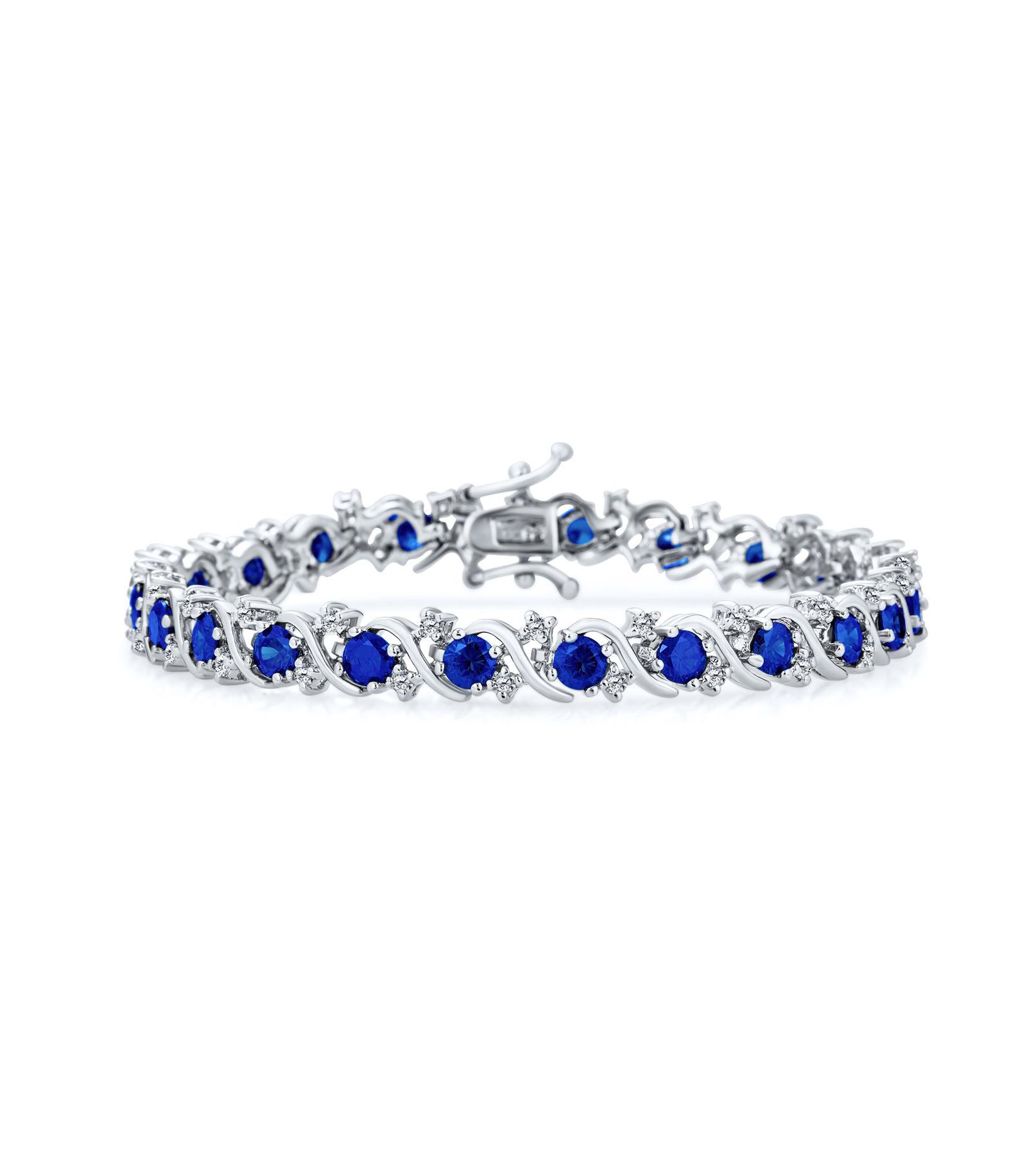 Bling Jewelry Fancy Solitaire Blue Sapphire CZ Wave Tennis Bracelet Silver Plated 7 Inch