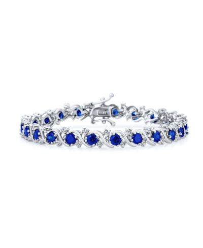 Bling Jewelry Fancy Solitaire Blue Sapphire CZ Wave Tennis Bracelet Silver Plated 7 Inch