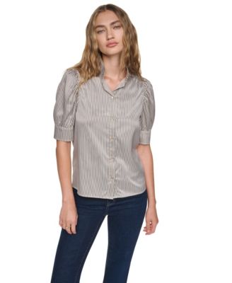 DKNY Jeans Women's Puff Sleeve Shirt With Stand Collar