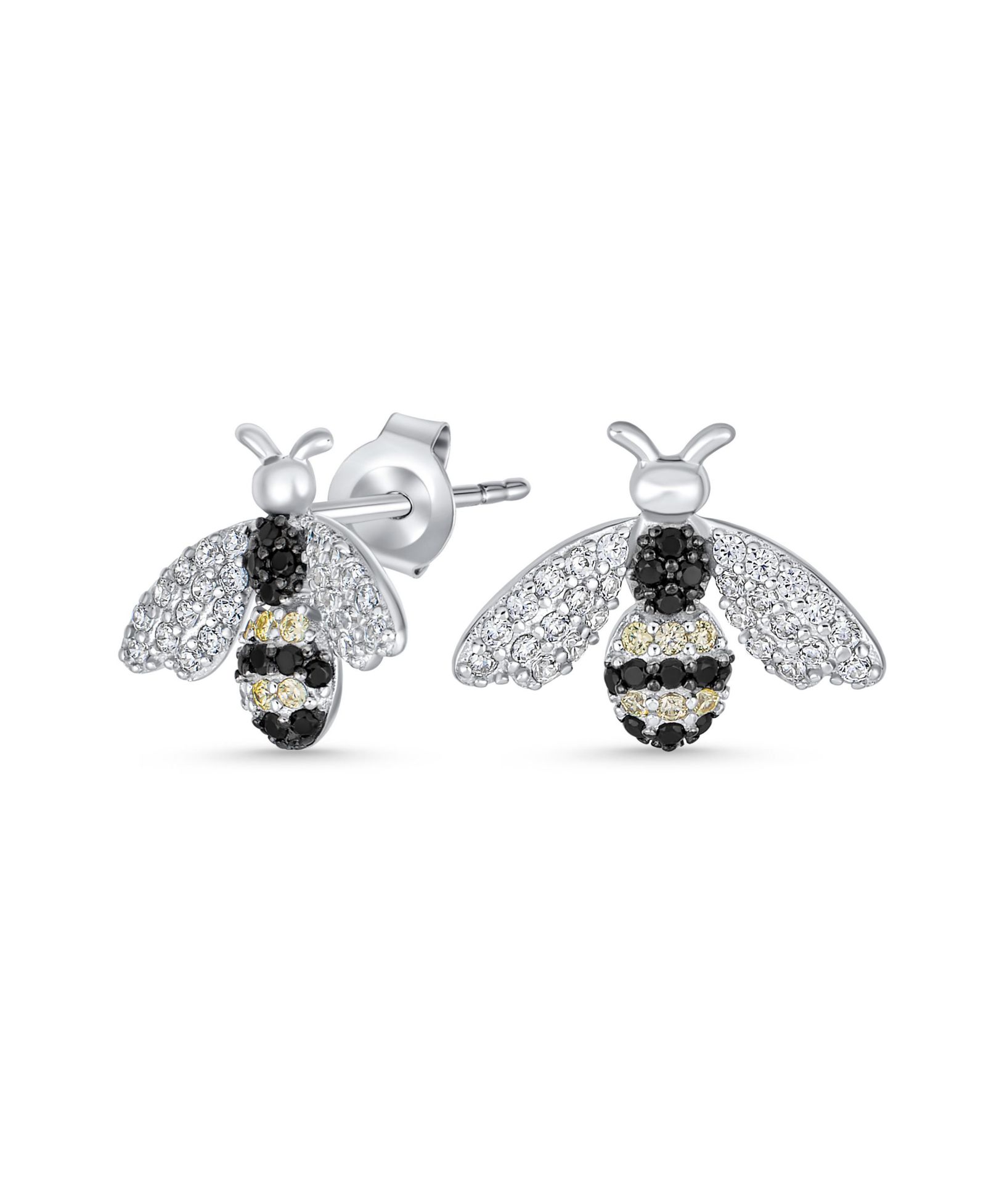 Bling Jewelry Garden Black White CZ Queen Bumble Bee Stud Earrings .925 Sterling Silver