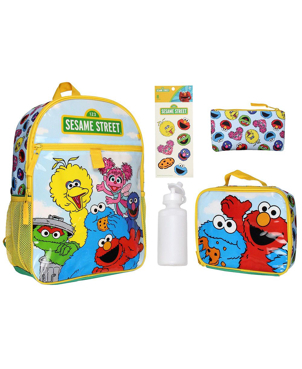 Sesame Street Group Cookie Monster Elmo Big Bird 5 PC Mega Set Backpack Lunch Box Pencil Pouch Waterbottle Stickers 16"