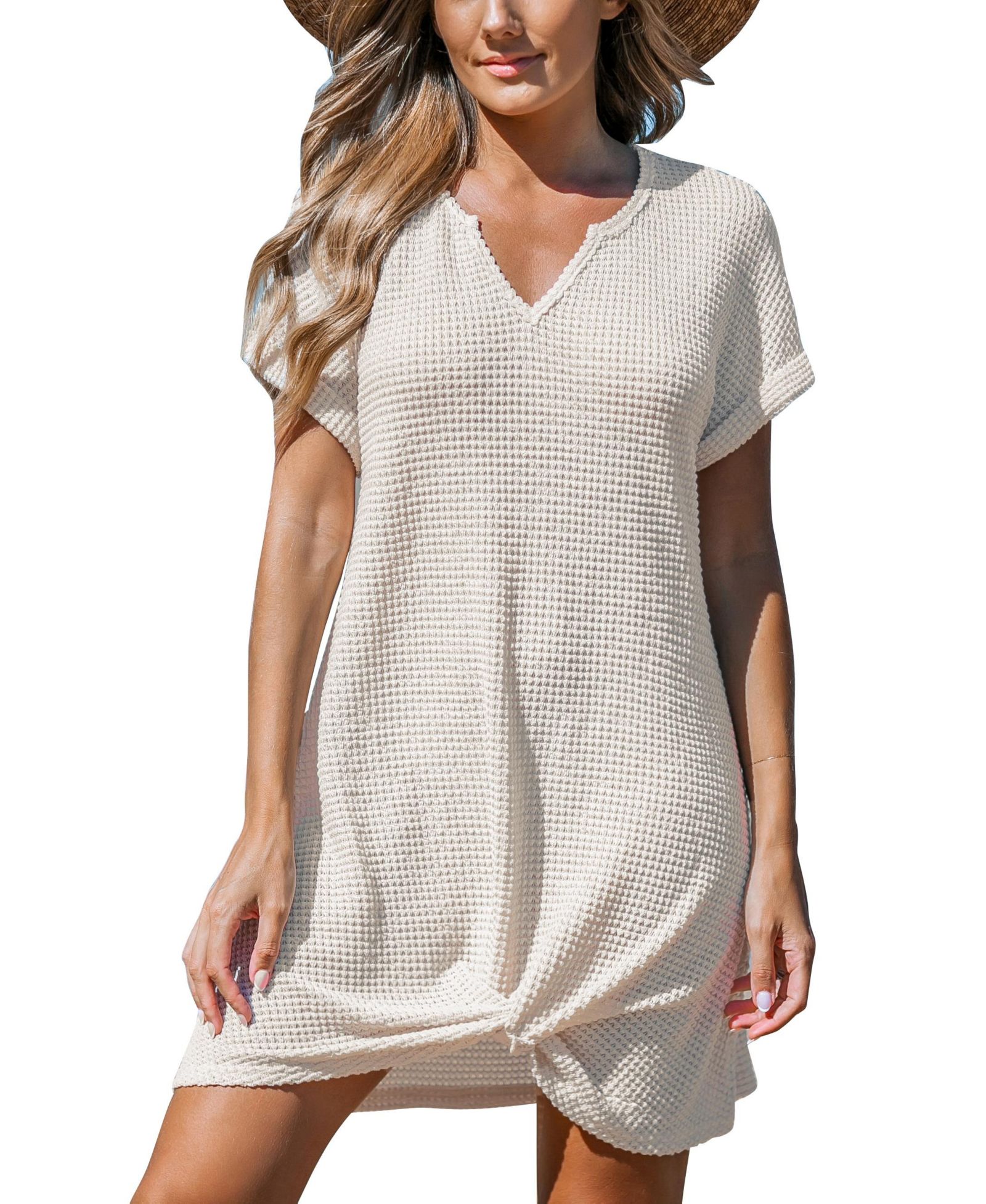 Cupshe Women's Waffle Knit Short Sleeve Hem Twist Mini Cover-Up