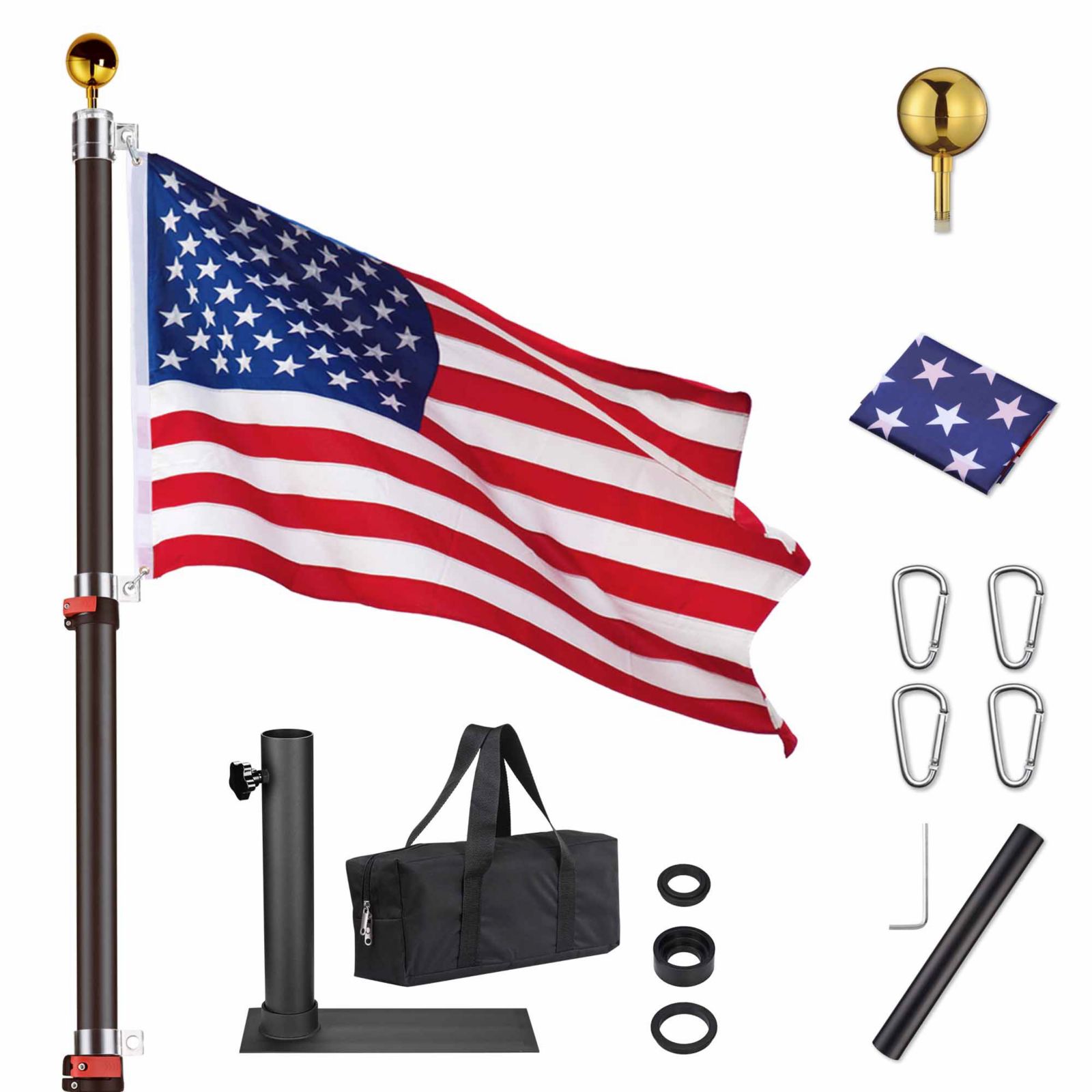Комплект флагштоков Yescom EZ GO 30Ft Telescopic с колесной стойкой и поворотным замком для RV или Tailgate