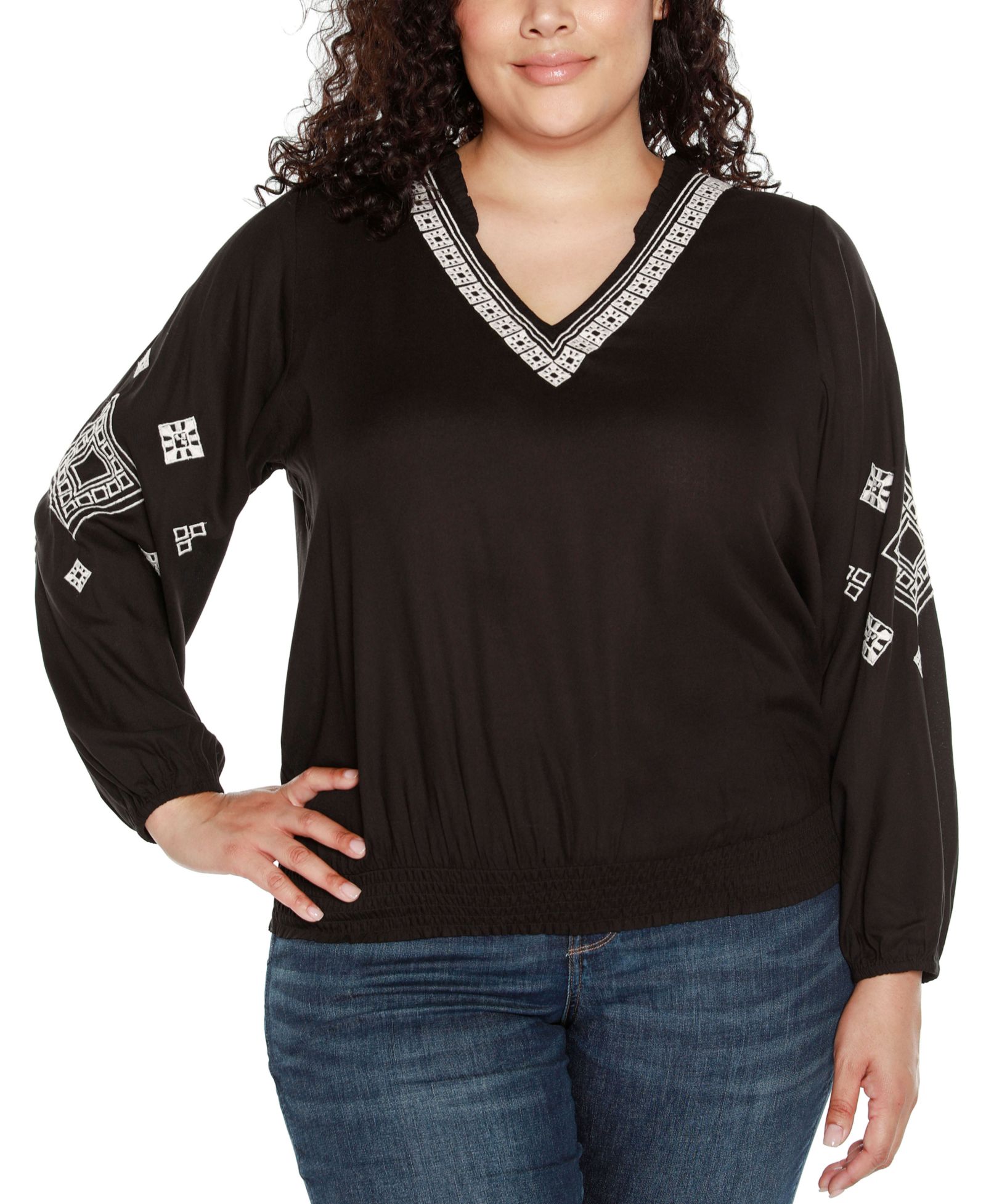 Belldini Black Label Plus Size Embroidered Blouson Sleeve V-Neck Blouse