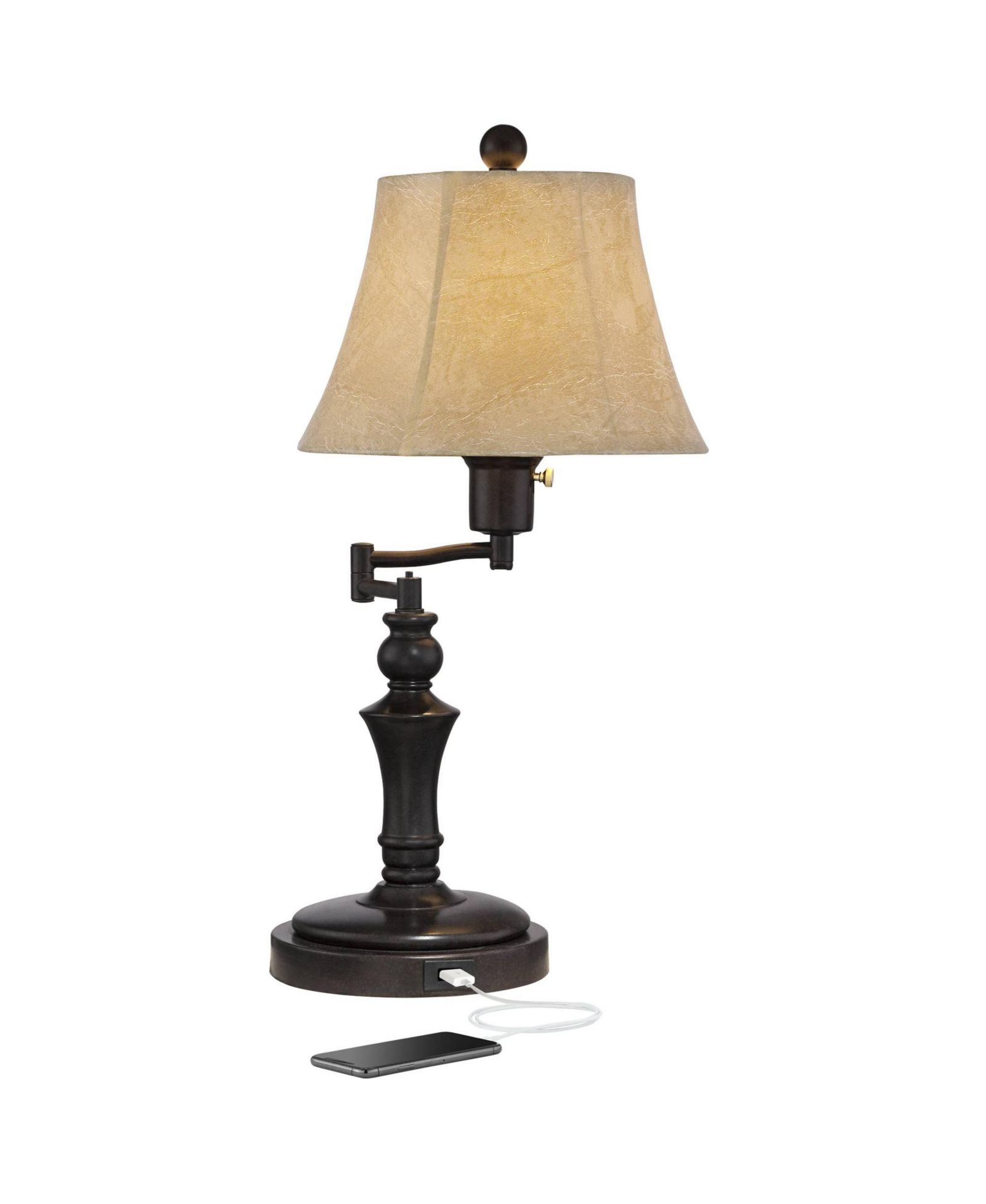 Regency Hill Traditional Настольная лампа с поворотным механизмом, USB Charging Port, 21.75" High, Bronze Metal Faux Leather Bell Shade