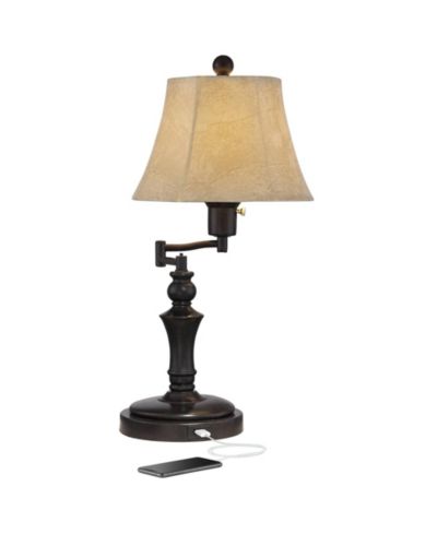 Regency Hill Traditional Настольная лампа с поворотным механизмом, USB Charging Port, 21.75" High, Bronze Metal Faux Leather Bell Shade