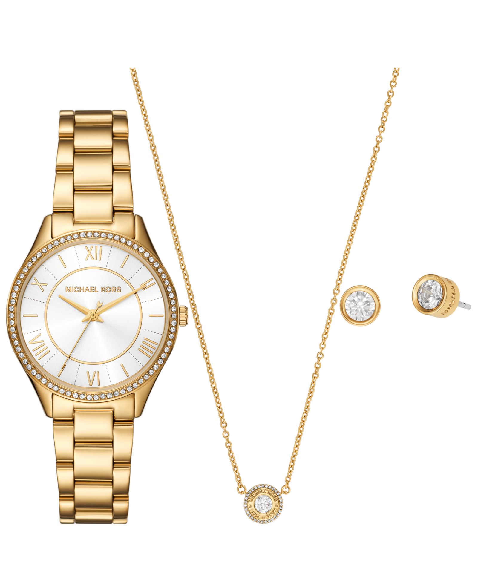 Michael Kors Женский подарочный набор: часы Lauryn Three-Hand Gold-Tone Stainless Steel, серьги и колье, 33mm