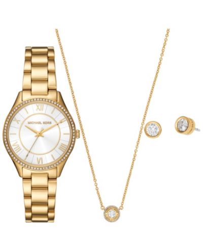 Michael Kors Женский подарочный набор: часы Lauryn Three-Hand Gold-Tone Stainless Steel, серьги и колье, 33mm