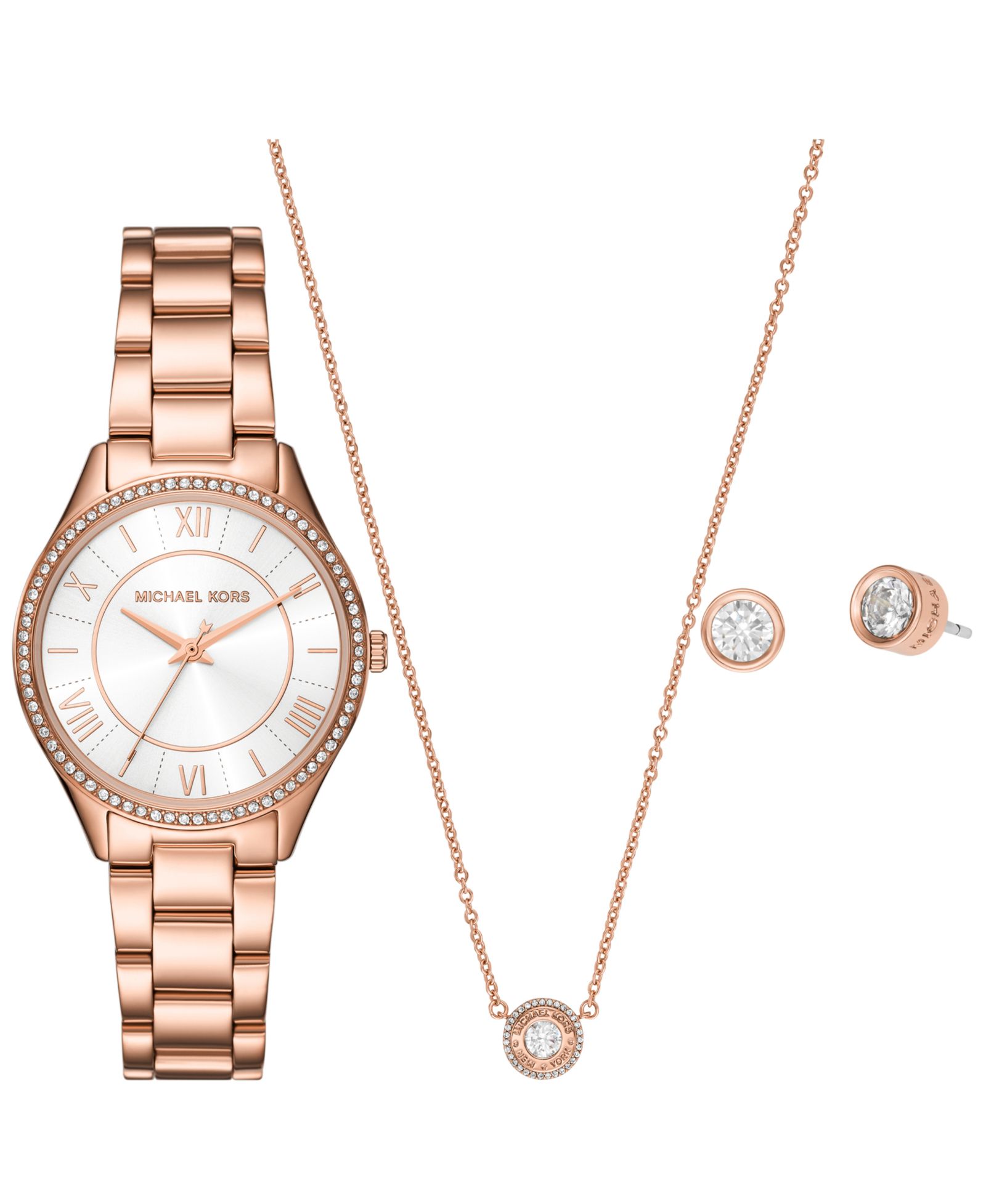 Women's Lauryn Three-Hand Rose Gold-Tone Stainless Steel Watch, Earrings and Necklace Gift Set 33mm