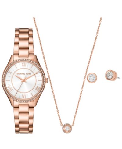 Women's Lauryn Three-Hand Rose Gold-Tone Stainless Steel Watch, Earrings and Necklace Gift Set 33mm