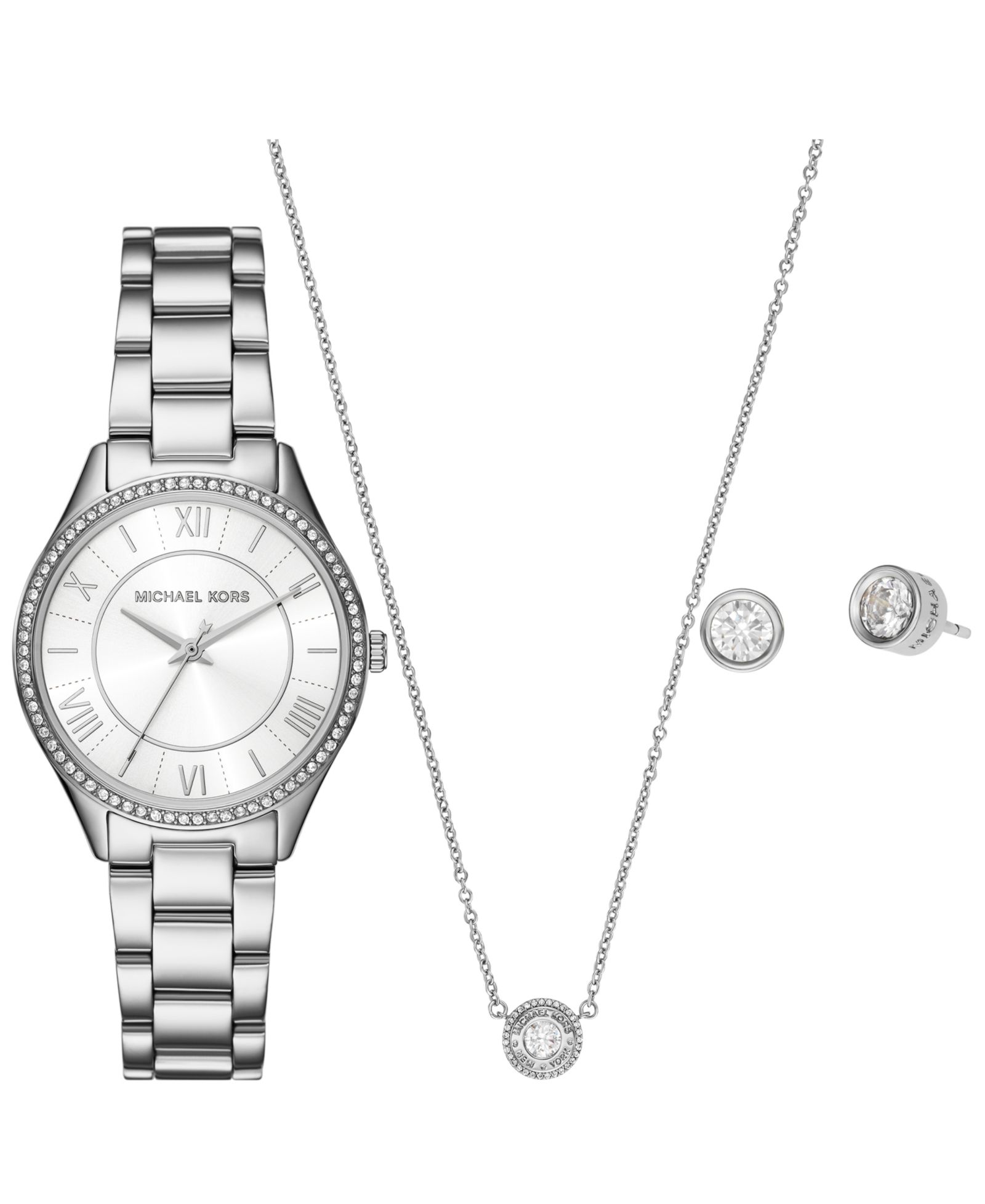 Women's Lauryn Three-Hand Stainless Steel Watch, Earrings and Necklace Gift Set 33mm