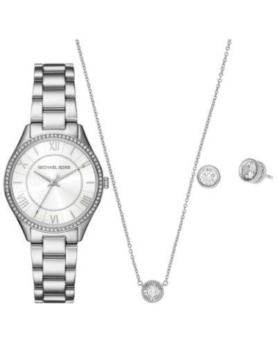 Women's Lauryn Three-Hand Stainless Steel Watch, Earrings and Necklace Gift Set 33mm