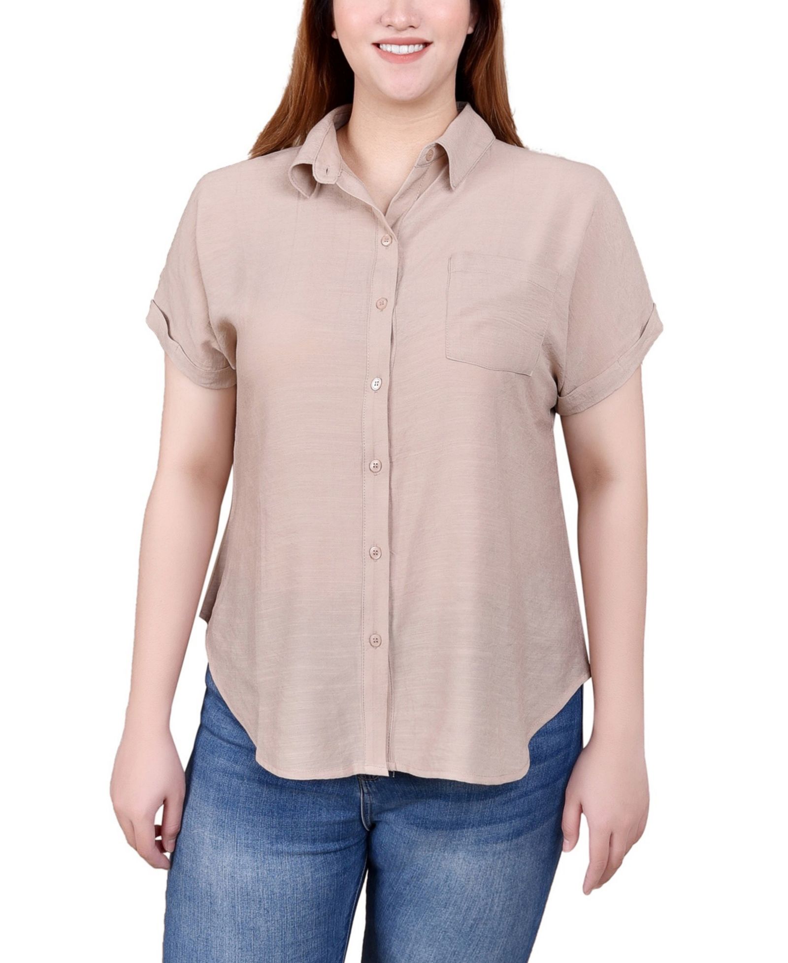 NY Collection Short Sleeve Woven Front-Jersey Back Top