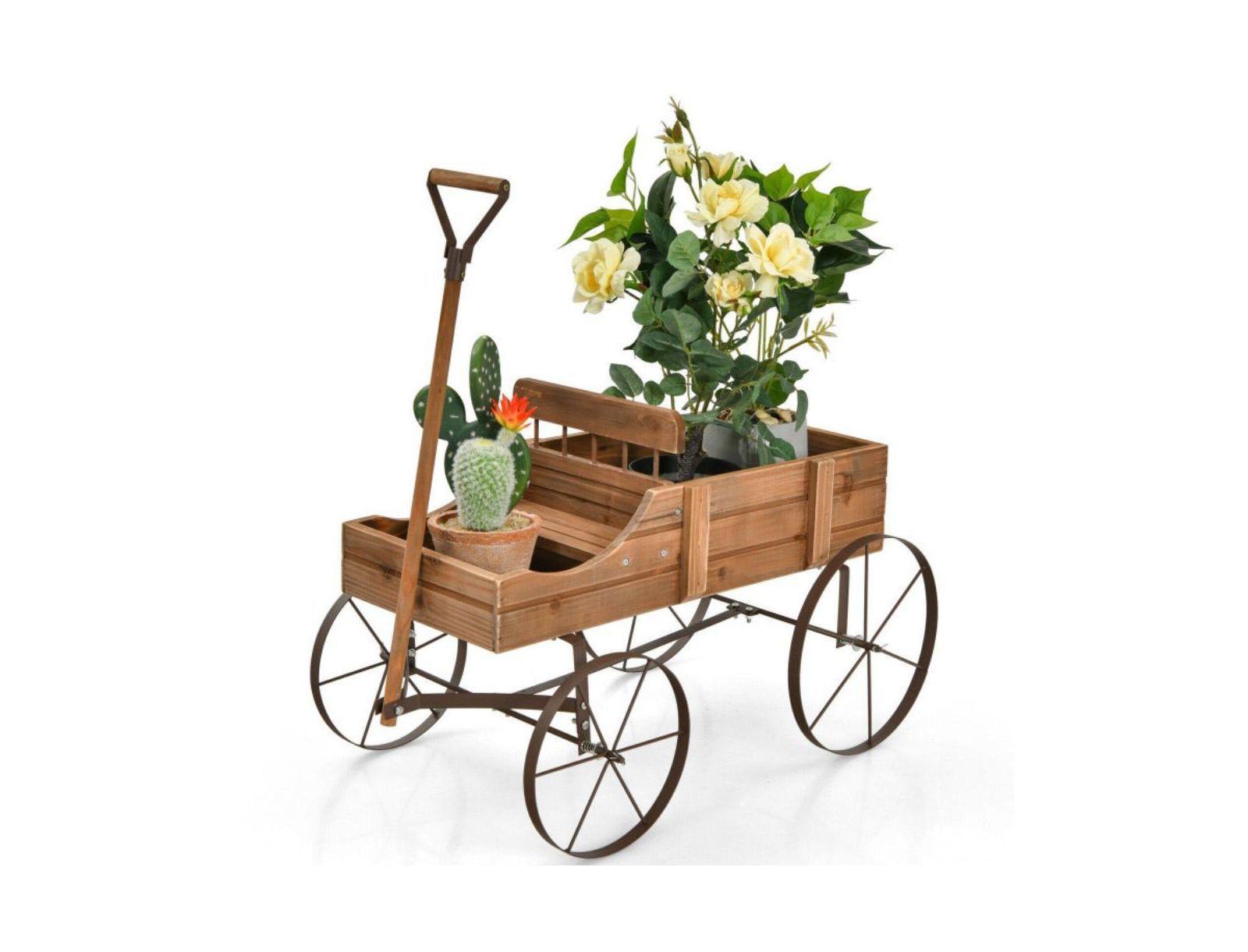 SUGIFT Wooden Wagon Plant Bed with Metal Wheels for Garden Yard Patio