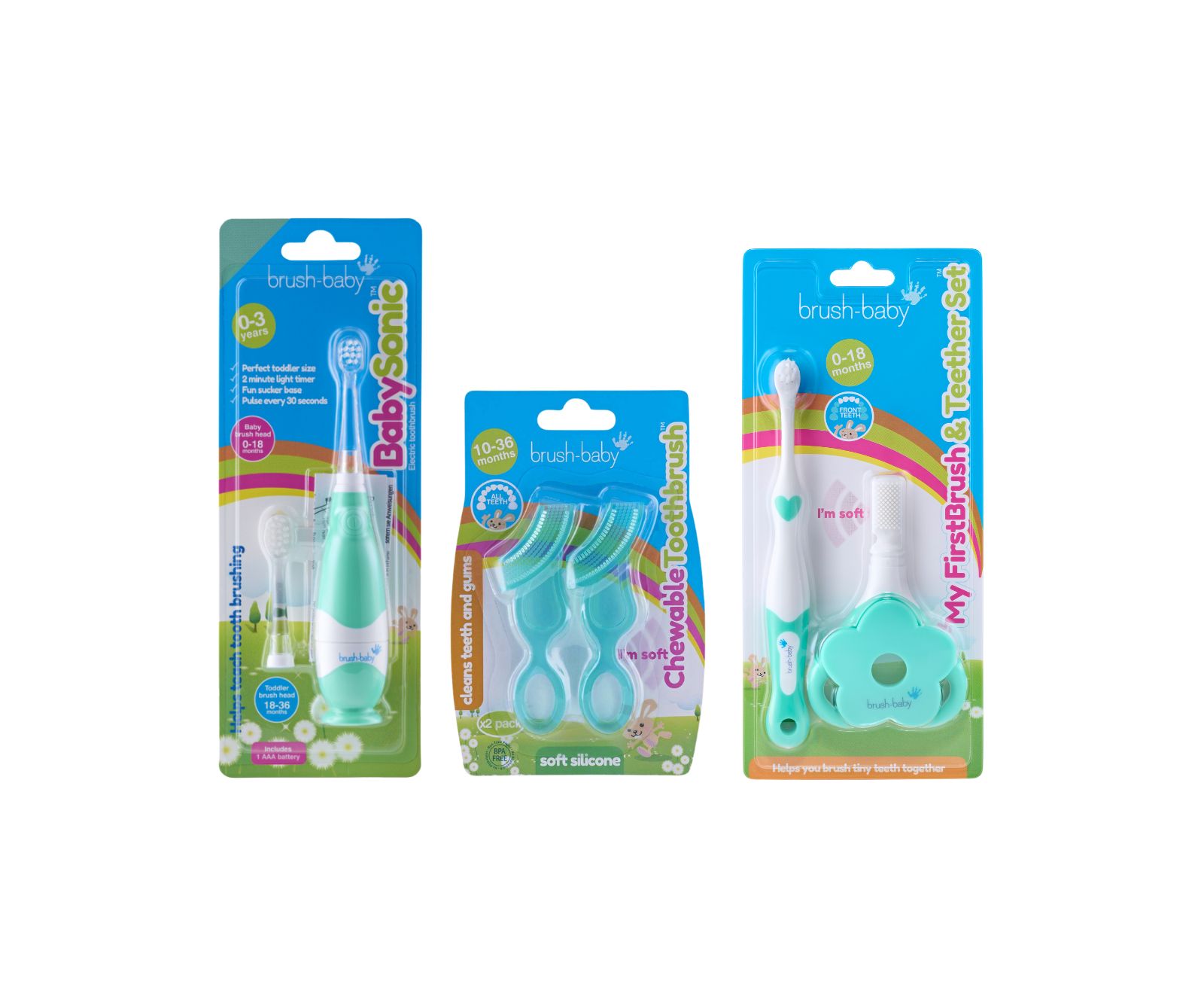 Brush-Baby First Tooth Gift Set | Includes BabySonic Teal Electric Toothbrush, Baby's First Brush & Teether & Chewable Toothbrush