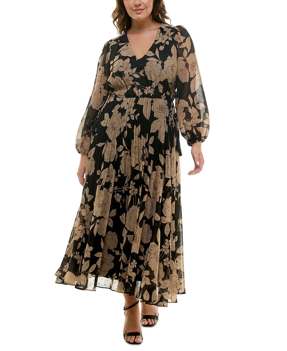 Taylor Plus Floral Chiffon V-Neck Pleated Dress