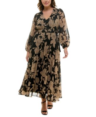 Taylor Plus Floral Chiffon V-Neck Pleated Dress