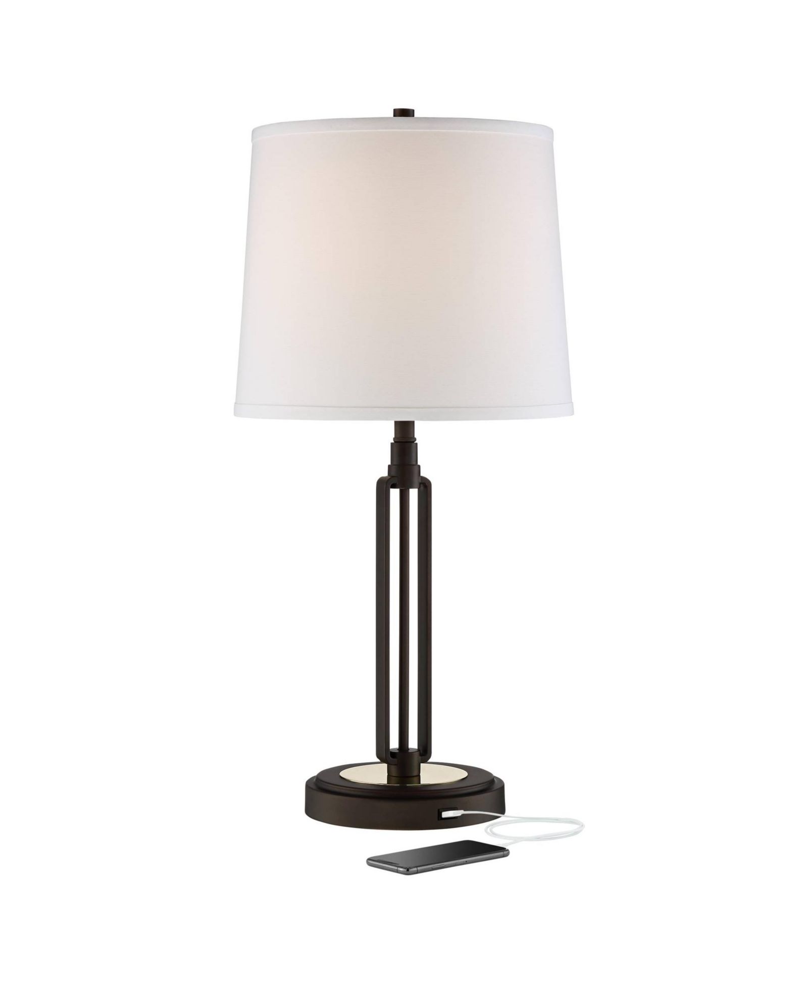 Franklin Iron Works Javier Industrial Table Lamp 24 1/2" High Bronze with USB Charging Port White Drum Shade for Bedroom Living Room Bedside Home Desk