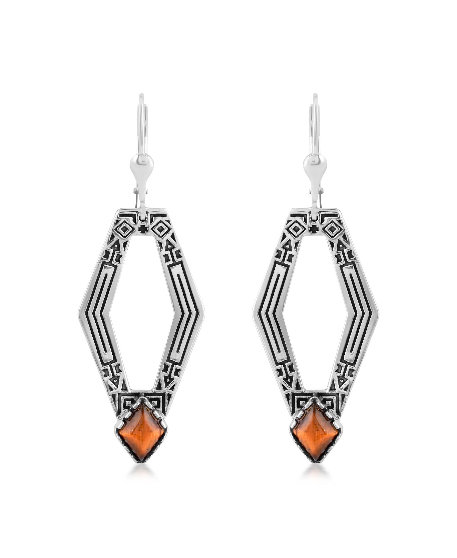 American West Jewelry Sterling Silver and Geometric Shape Tiger's Eye Gemstone Lever Back Earrings