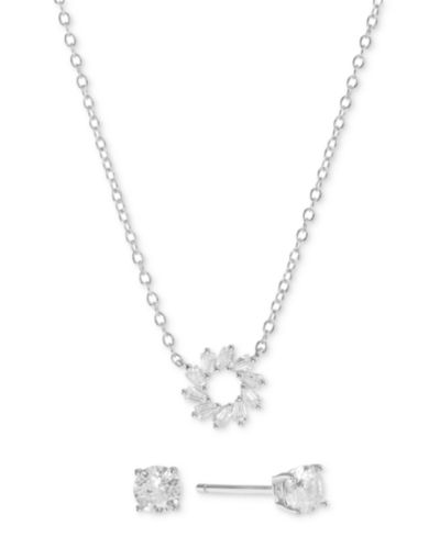 2-Pc Set Cubic Zirconia Sun Pendant Necklace & Solitaire Stud Earrings in Sterling Silver (Also available in 4k Gold over Sterling Silver)