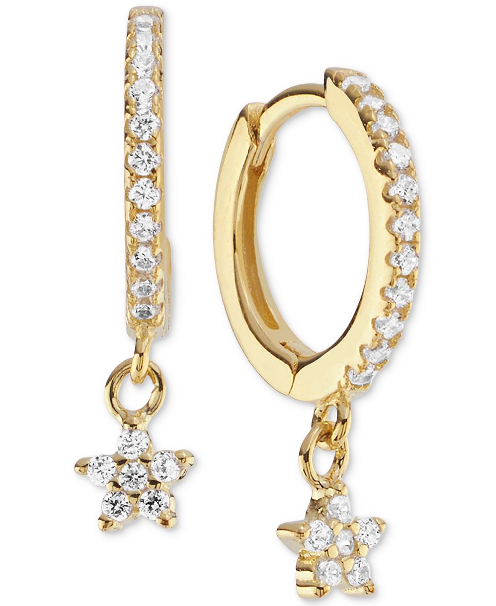 Серьги-кольца Huggie Hoop Cubic Zirconia Star Charm в 14k Gold over Sterling Silver