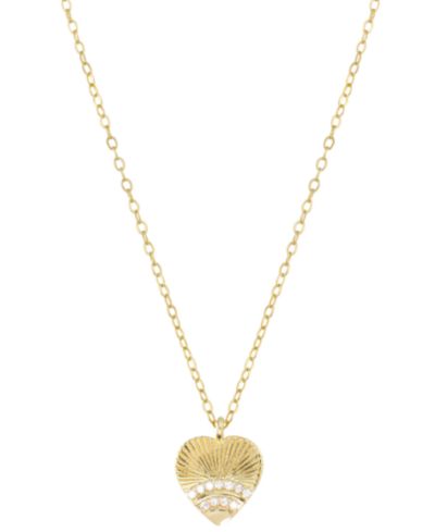 Cubic Zirconia Fluted Texture Heart Pendant Necklace in 14K Gold-Plated Sterling Silver, 16" + 2" extender