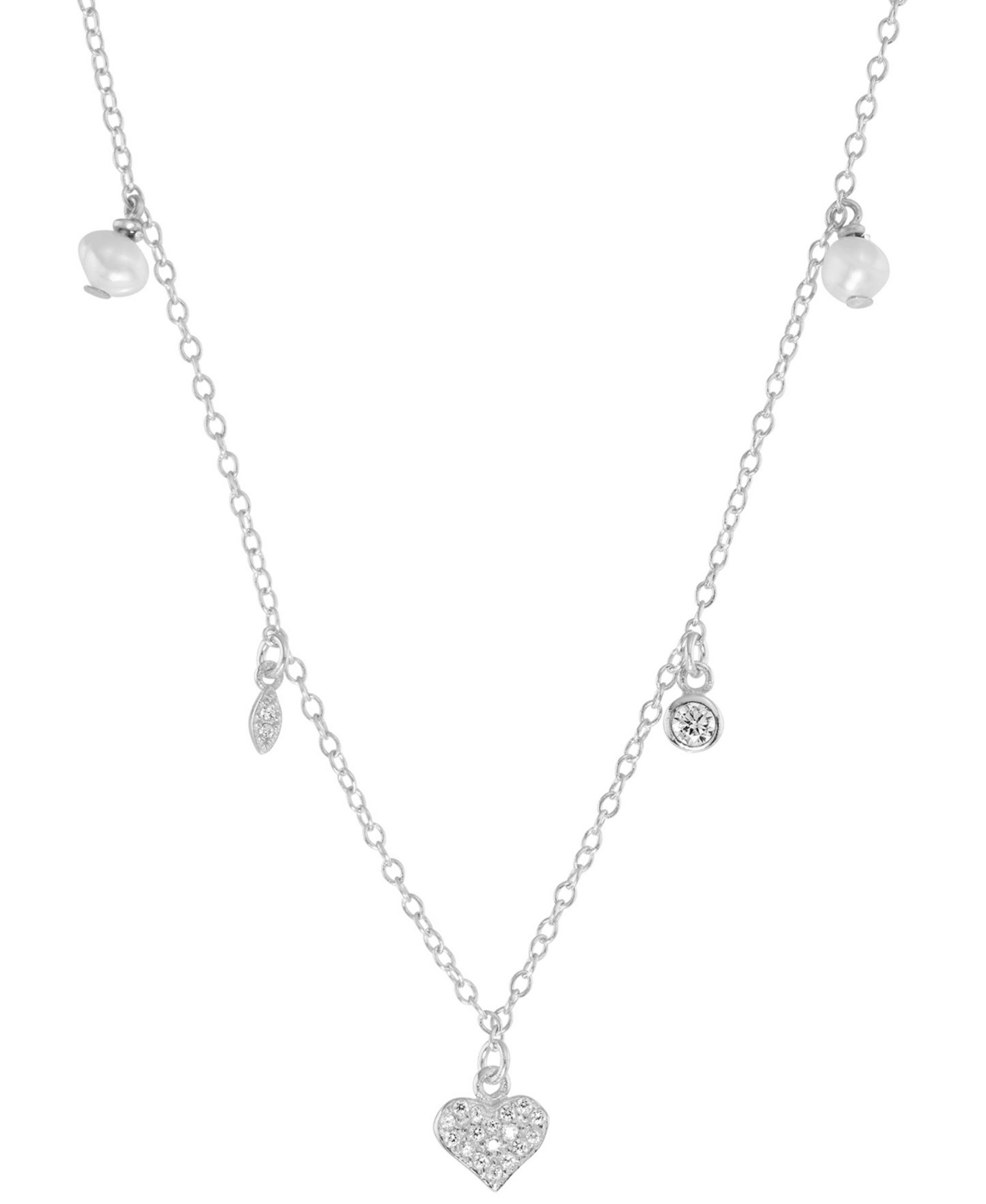 Freshwater Pearl (4mm) & Cubic Zirconia Heart & Bezel Dangle Collar Necklace in Sterling Silver, 16" + 2" extender
