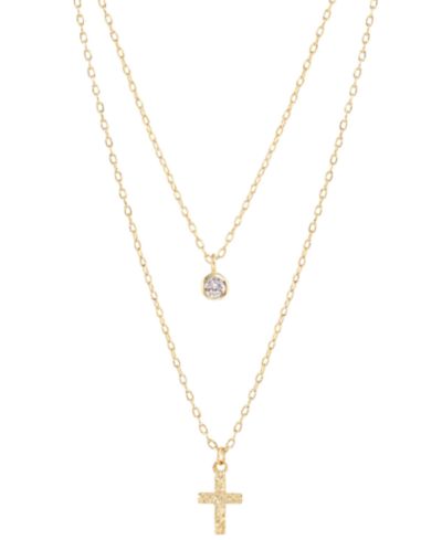 Macy's Round Cubic Zirconia & Cross Two Row Pendant Necklace, 18" + 2" extender