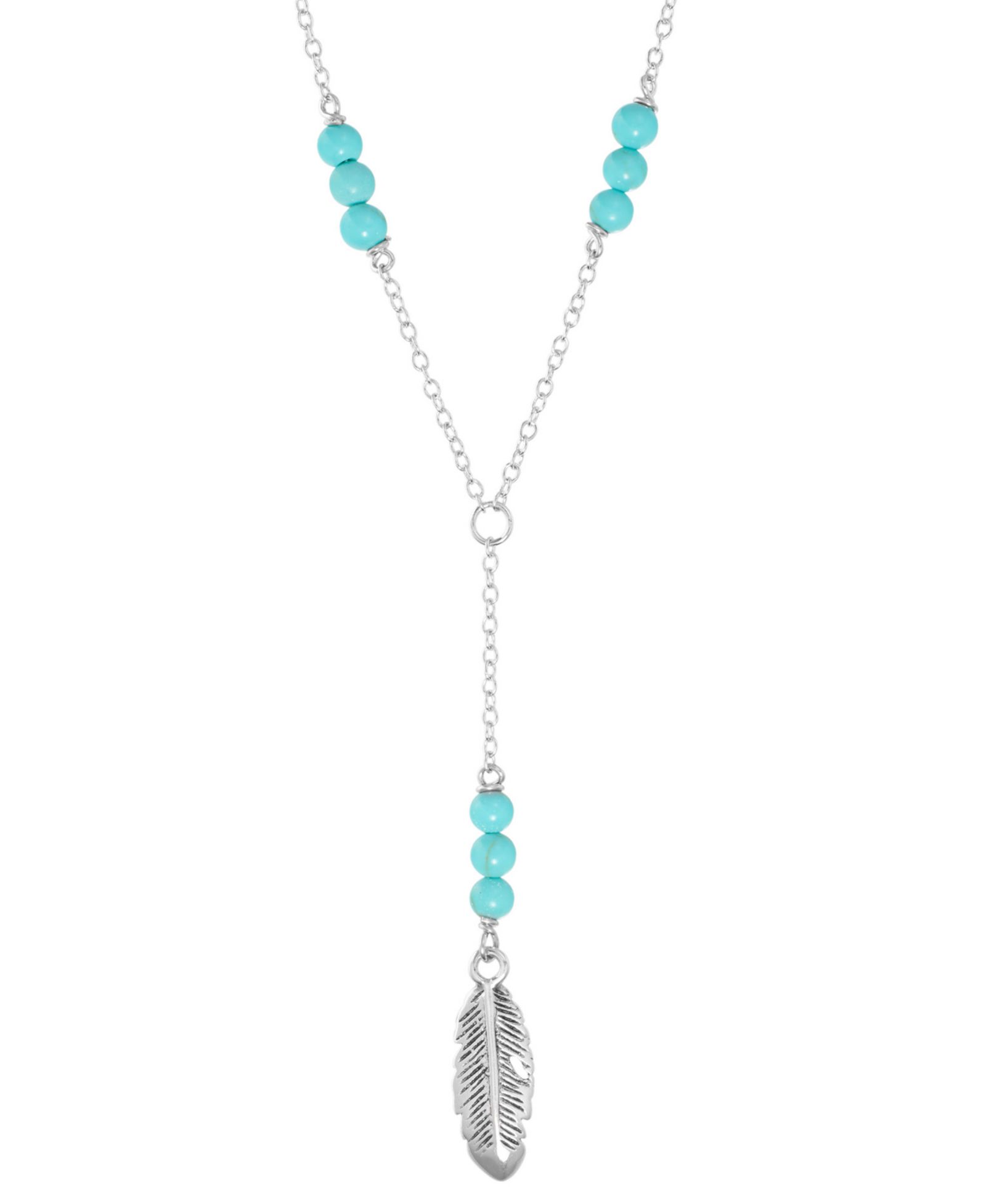Simulated Turquoise Feather Lariat Necklace in Sterling Silver, 16" + 2" extender