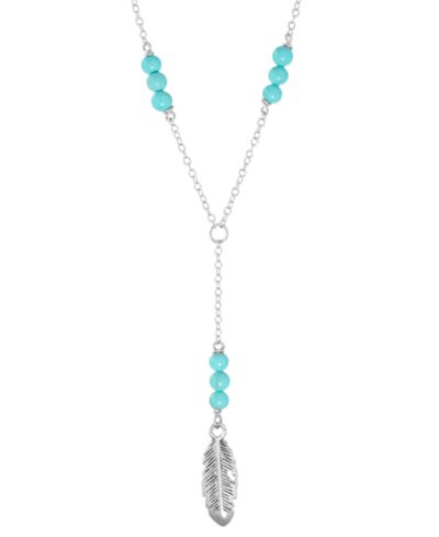Simulated Turquoise Feather Lariat Necklace in Sterling Silver, 16" + 2" extender