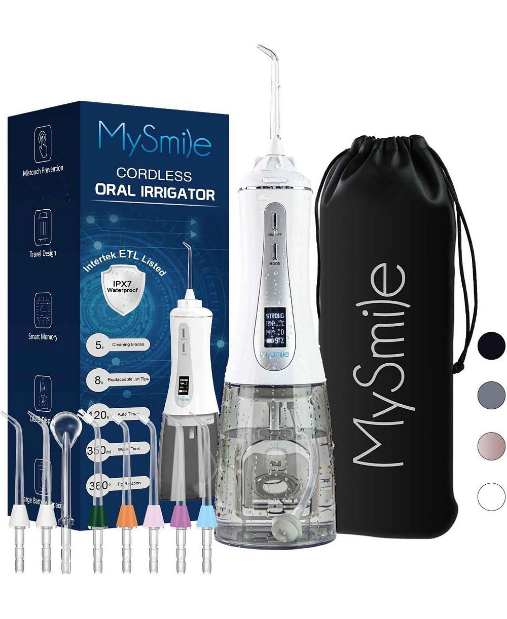 MySmile Cordless 350ML Water Dental Flosser Portable OLED Display, 5 Pressure Modes, 8 Replaceable Jet Tips, & Storage Bag for Home Travel Use