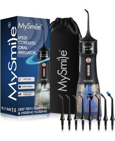 MySmile LP221 UVC Sterilizable Cordless Water Flosser 335ML Tank OLED Display Dental Flosser with 4 Modes 8 Jet Tips & Storage Pouch for Home & Travel