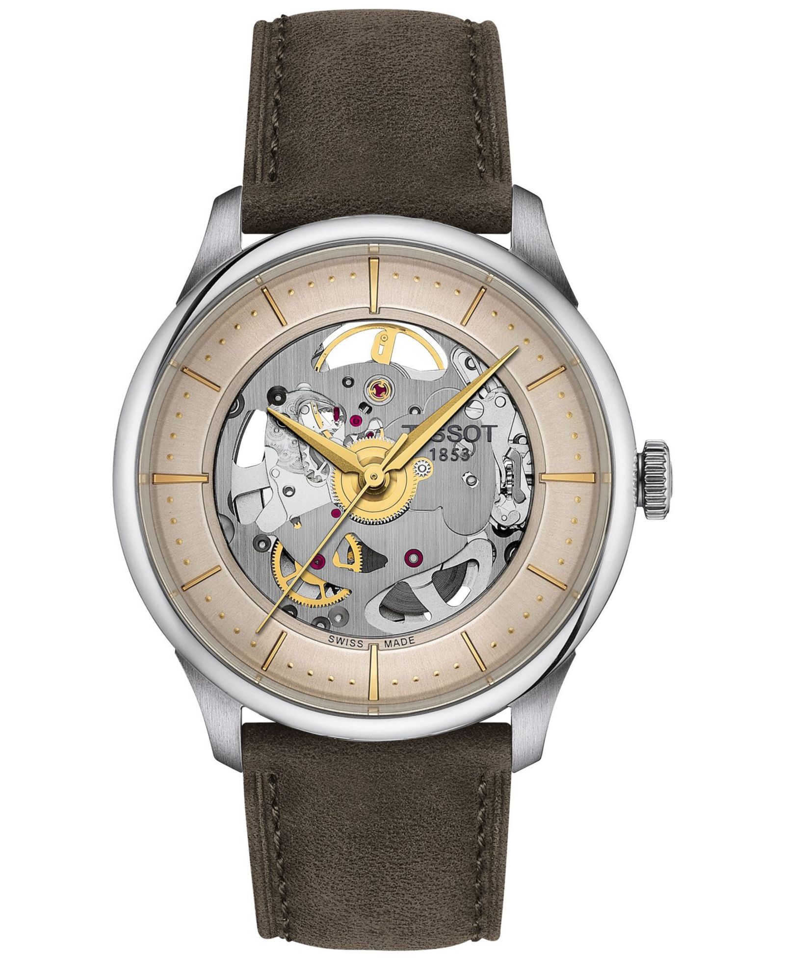 Tissot Men's Swiss Automatic Chemin Des Tourelles Skeleton Brown Leather Strap Watch 39mm