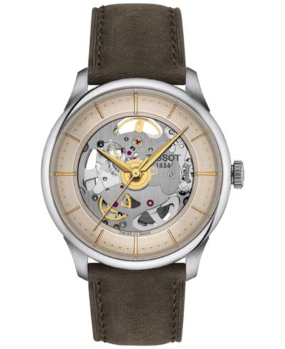 Tissot Мужские швейцарские автоматические часы Chemin Des Tourelles с открытым механизмом и коричневым кожаным ремешком, 39mm