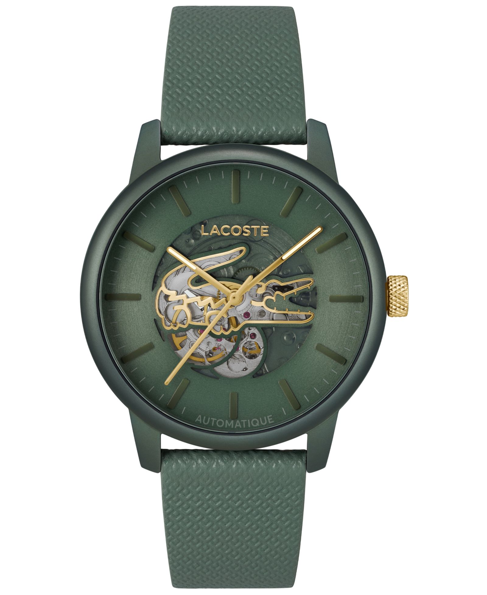 Lacoste L.12.12 Automatique Men's Green Leather Strap Watch 44mm