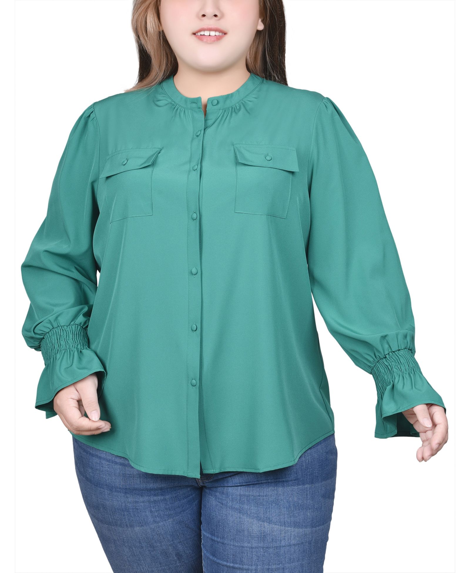 NY Collection Plus Size Блузка с воротником-стойкой и длинным рукавом