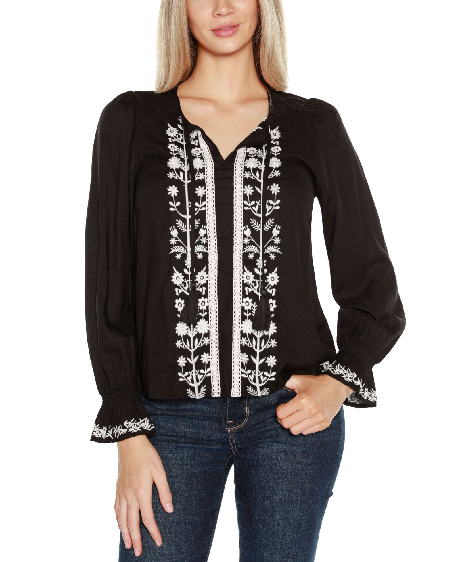 Belldini Black Label Women’s Tie-Neck Embroidered-Front Blouse Top
