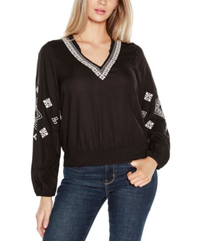 Belldini Black Label Women’s Embroidered Blouson Sleeve V-Neck Blouse Top