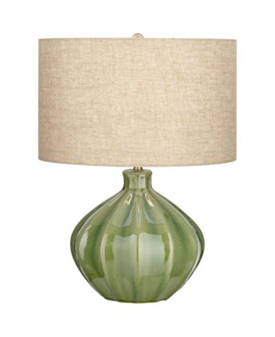 Possini Euro Design Modern Table Lamp with USB Charging Port 20.5" High Green Ribbed Ceramic Oatmeal Fabric Drum Shade for Bedroom (Color May Vary)