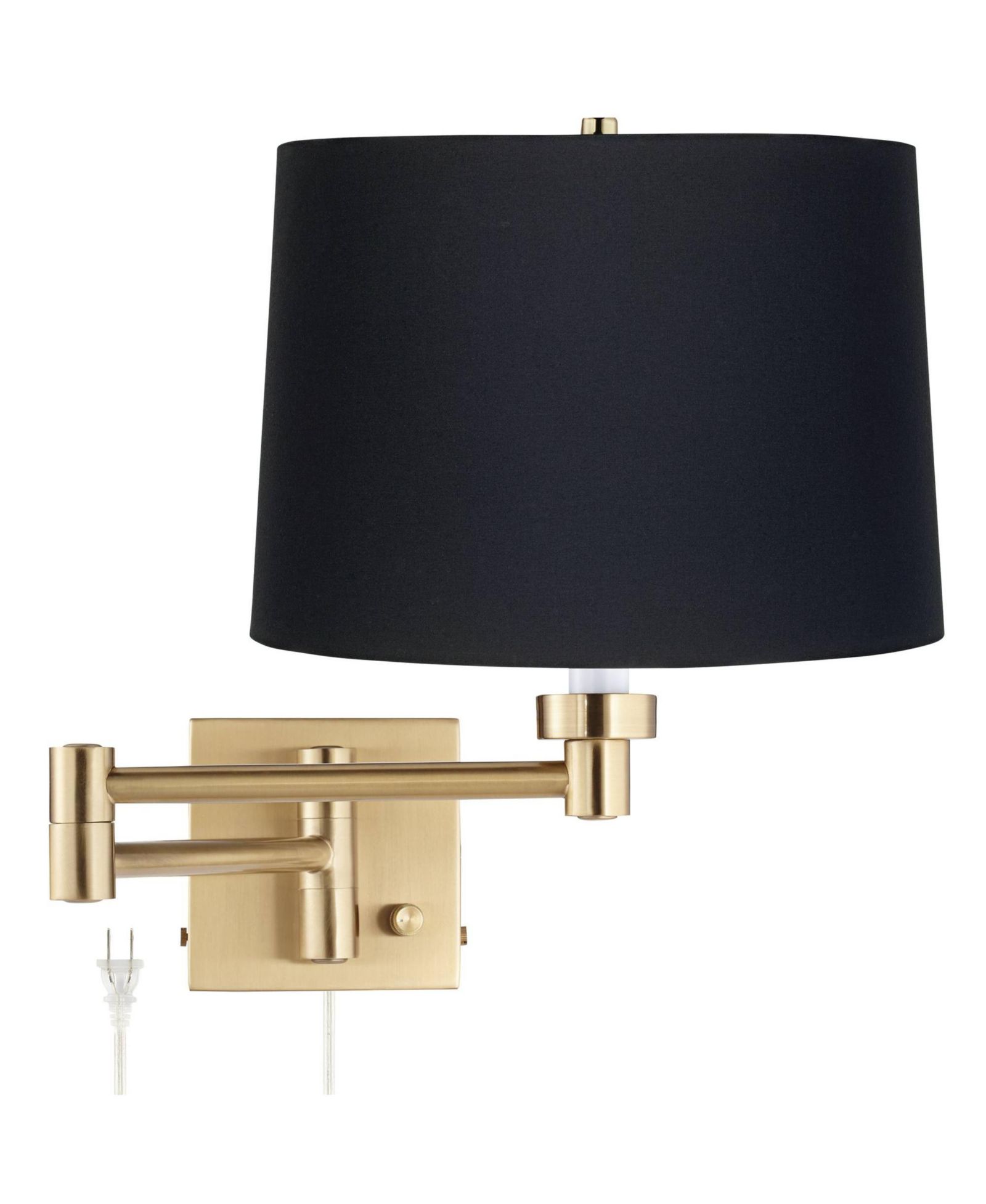 Barnes and Ivy Alta Vintage Swing Arm Wall Lamp Warm Antique Brass Plug-in Light Fixture Black Fabric Drum Shade for Bedroom Bedside Living Room Home