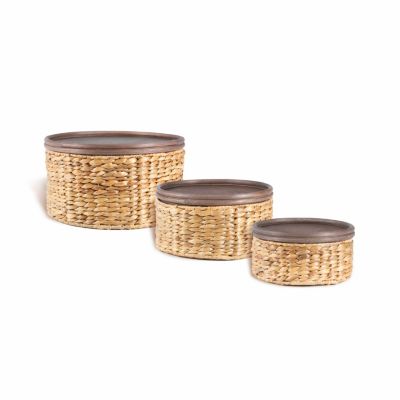 Набор из 3 круглых плетеных корзин Jonathan Y Gouda Southwestern Hand-Woven Hyacinth с деревянными крышками