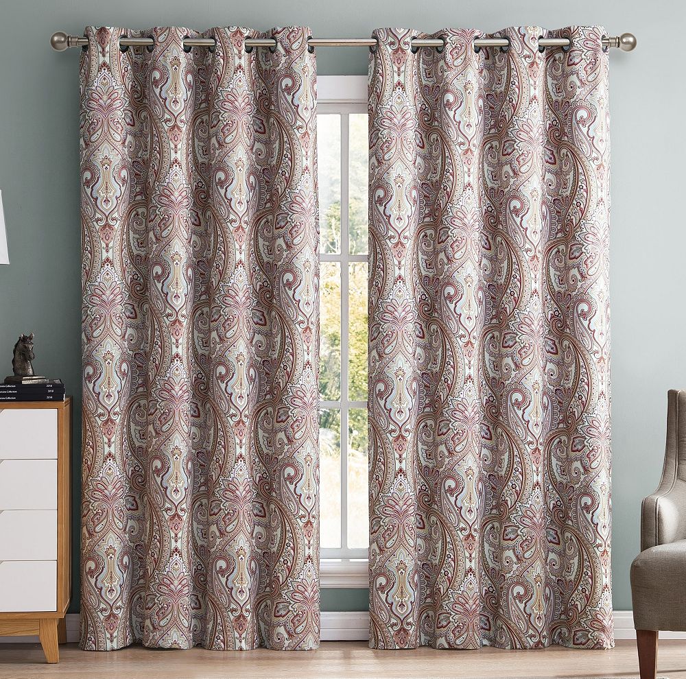 HLC.me Paris Paisley Decorative Print Damask Pattern Light Reducing Filtering Grommet Window Curtain Panels, Set of 2