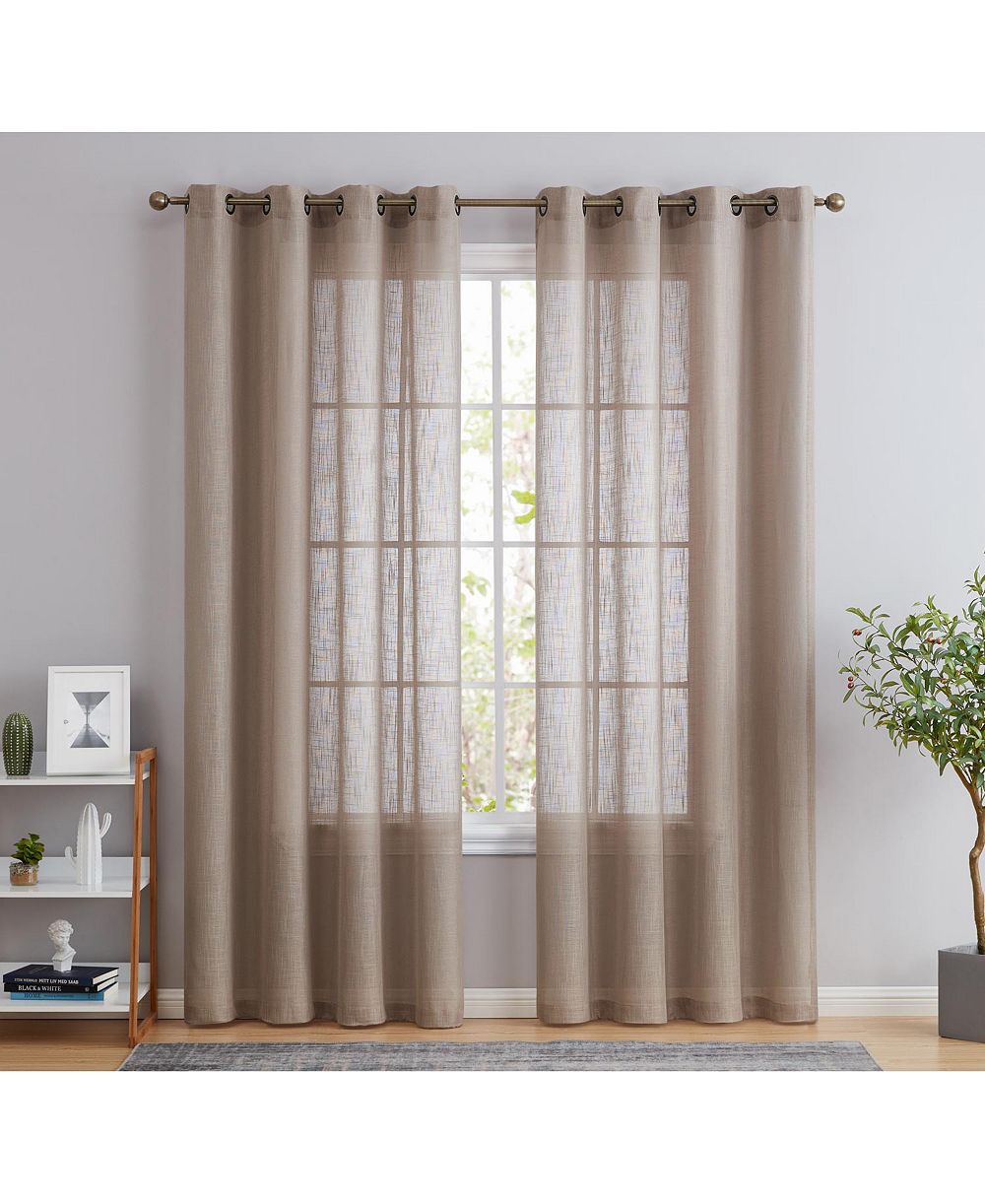 HLC.ME Abbey Faux Linen Textured Semi Sheer Privacy Sun Light Filtering Transparent Window Grommet Curtain Panels, Set of 2