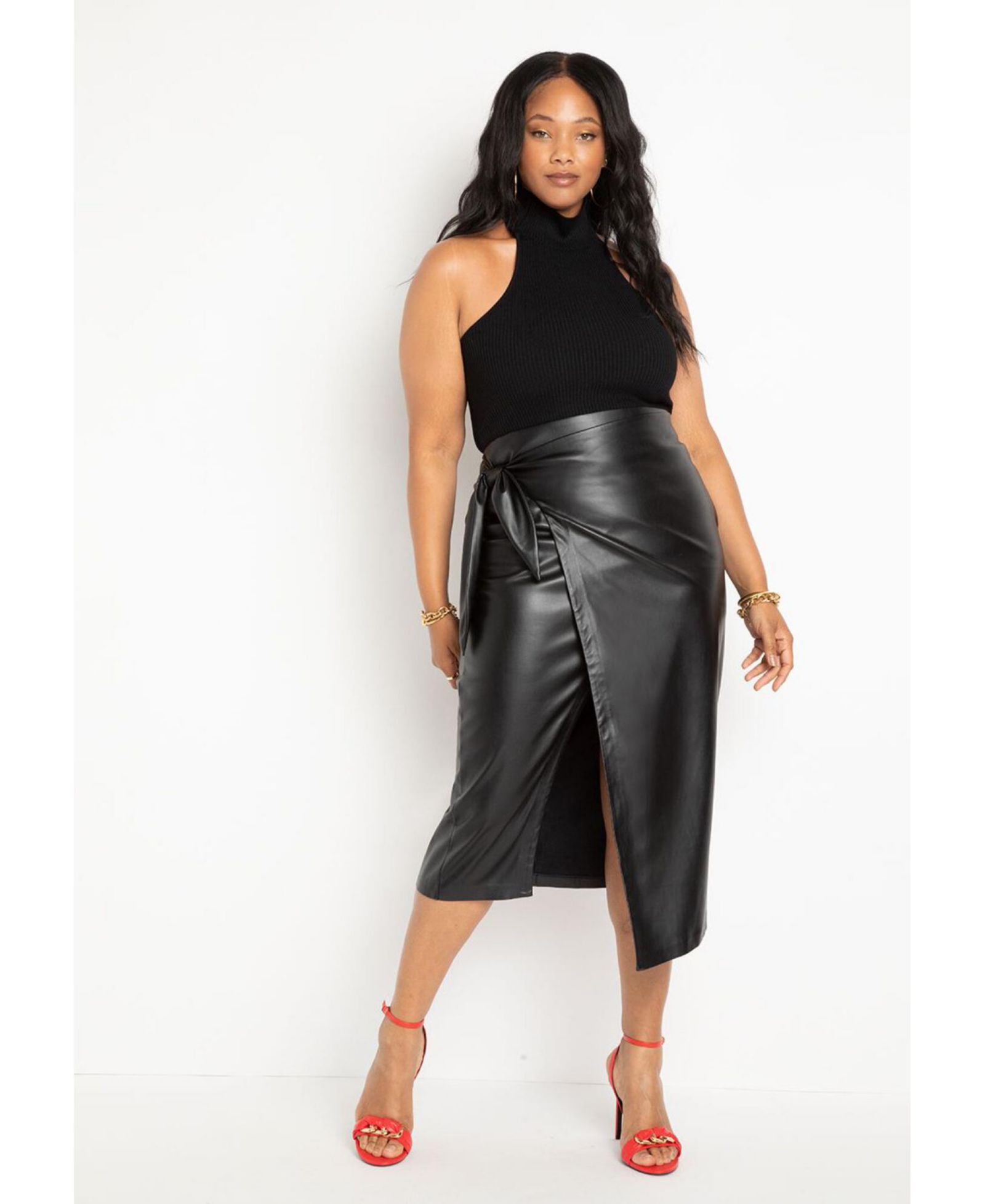 ELOQUII Women's Wrap Front Faux Leather Midi Skirt