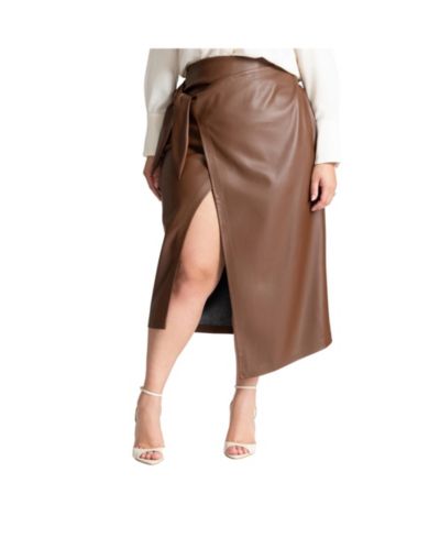 ELOQUII Women's Wrap Front Faux Leather Midi Skirt