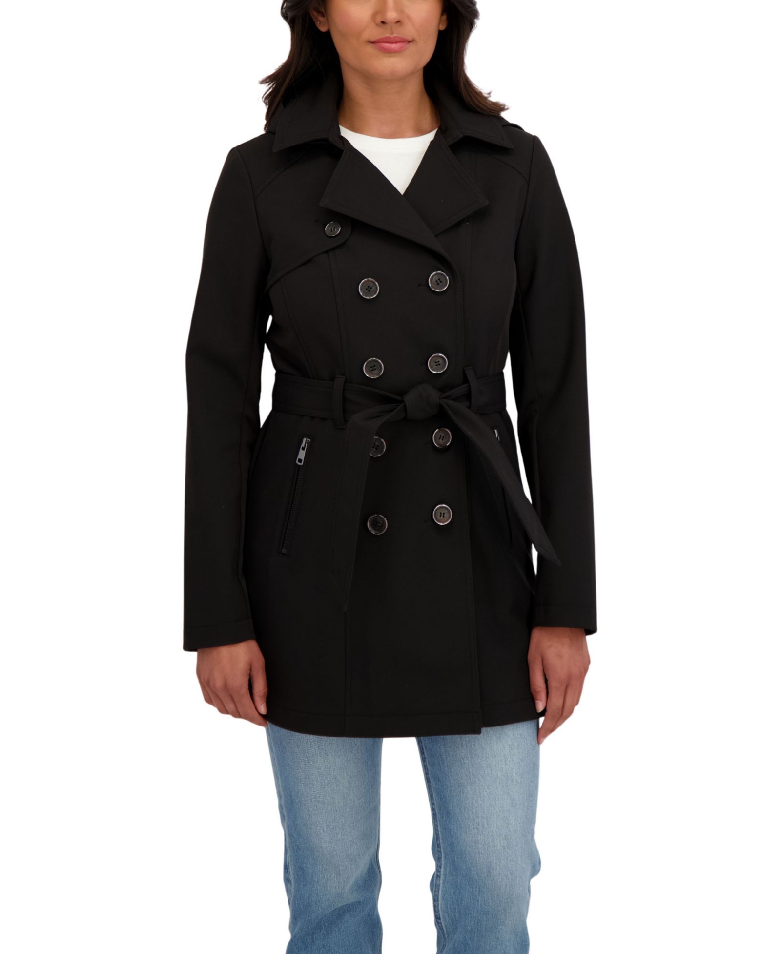 Sebby Collection Женский Belted Double Breasted Soft Shell Trench Coat With Detachable Hood