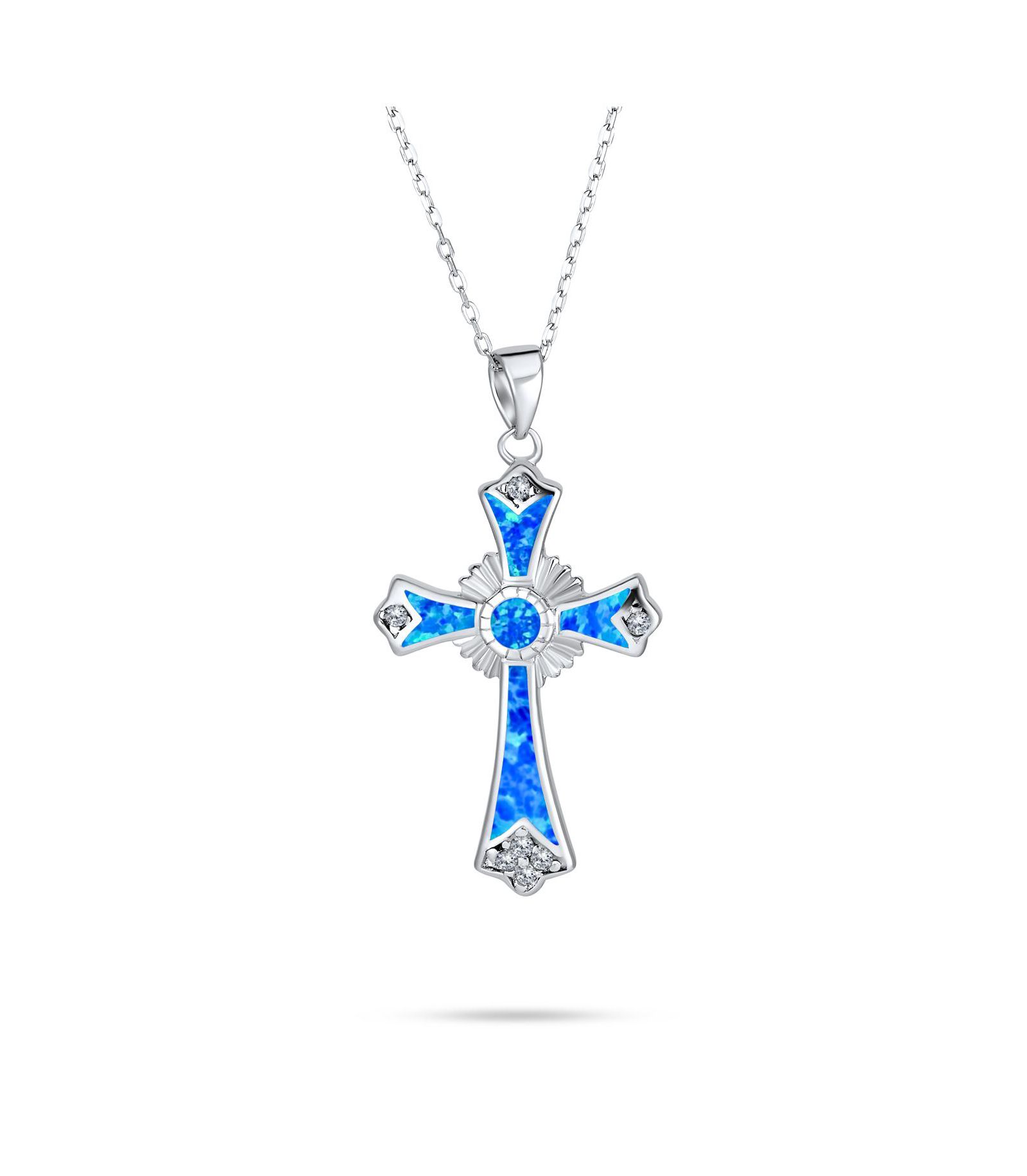 Bling Jewelry кулон-крест Silver Opal CZ с цепочкой 18in