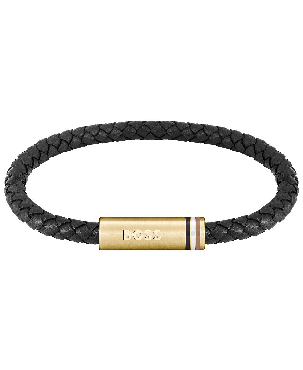 Hugo Boss Мужской браслет Ares Single Ionic Plated Thin Gold Steel Black Leather