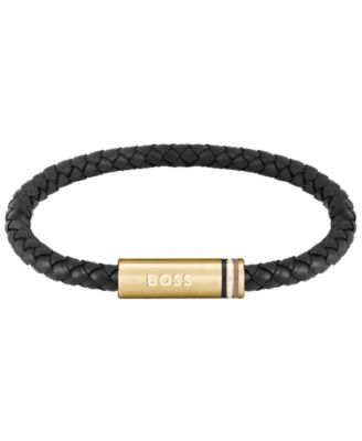 Hugo Boss Мужской браслет Ares Single Ionic Plated Thin Gold Steel Black Leather
